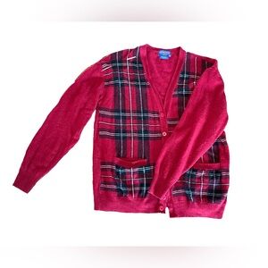 Pendleton Grandpa Cardigan Sweater in Red Plaid Size Large 100% Lambswool